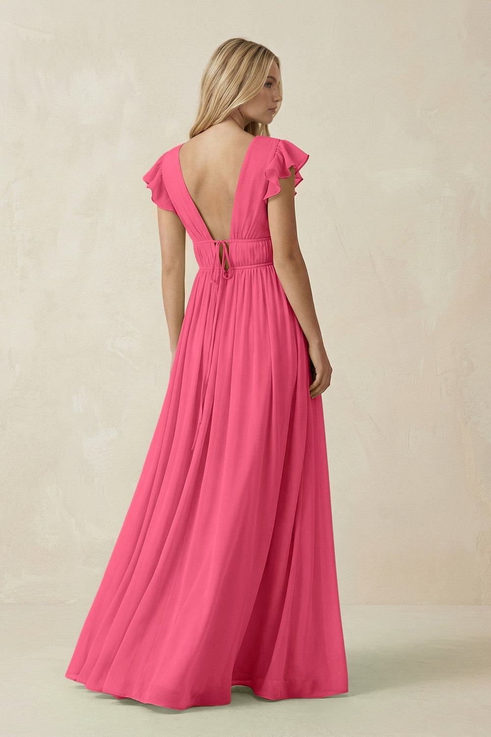V - Neck A - Line Chiffon Cap Sleeves Bridesmaid Dress in Fuchsia - SHE IS ME Bridesmaid Dresses