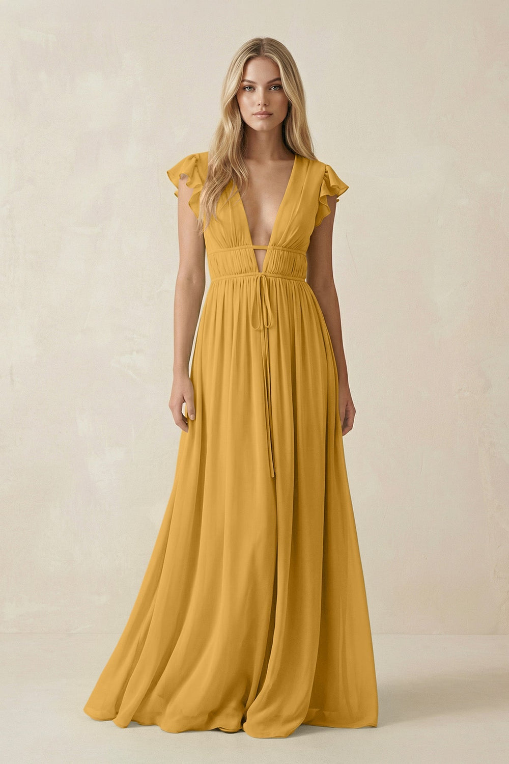 V - Neck A - Line Chiffon Cap Sleeves Bridesmaid Dress in Marigold - SHE IS ME Bridesmaid Dresses