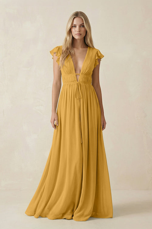 V - Neck A - Line Chiffon Cap Sleeves Bridesmaid Dress in Marigold - SHE IS ME Bridesmaid Dresses
