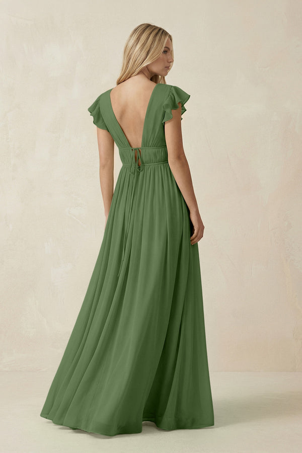 V - Neck A - Line Chiffon Cap Sleeves Bridesmaid Dress in Moss - SHE IS ME Bridesmaid Dresses