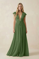 V - Neck A - Line Chiffon Cap Sleeves Bridesmaid Dress in Moss - SHE IS ME Bridesmaid Dresses