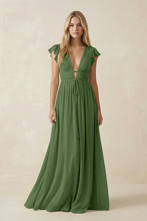 V - Neck A - Line Chiffon Cap Sleeves Bridesmaid Dress in Moss - SHE IS ME Bridesmaid Dresses