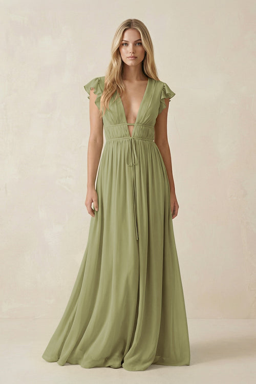 V - Neck A - Line Chiffon Cap Sleeves Bridesmaid Dress in Moss Green - SHE IS ME Bridesmaid Dresses