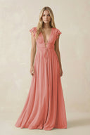 V - Neck A - Line Chiffon Cap Sleeves Bridesmaid Dress in Mulberry - SHE IS ME Bridesmaid Dresses
