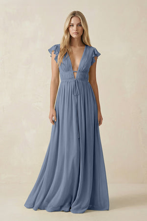V - Neck A - Line Chiffon Cap Sleeves Bridesmaid Dress in Neptune - SHE IS ME Bridesmaid Dresses