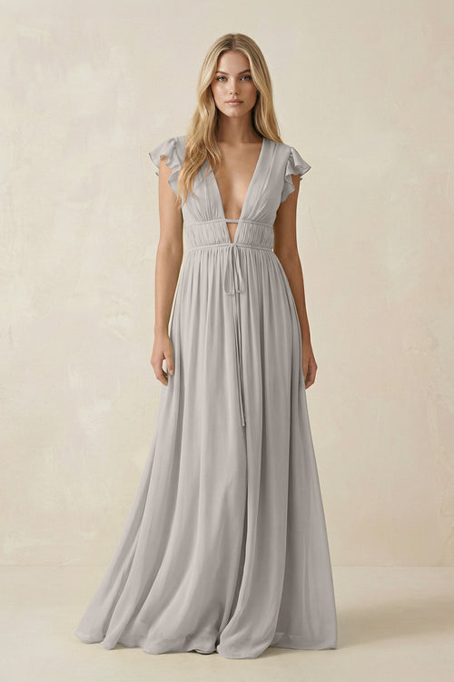 V - Neck A - Line Chiffon Cap Sleeves Bridesmaid Dress in Silver - SHE IS ME Bridesmaid Dresses