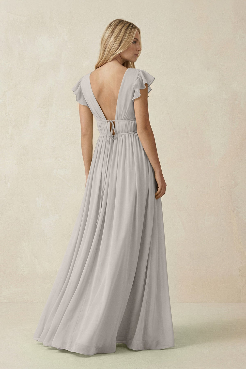 V - Neck A - Line Chiffon Cap Sleeves Bridesmaid Dress in Silver - SHE IS ME Bridesmaid Dresses