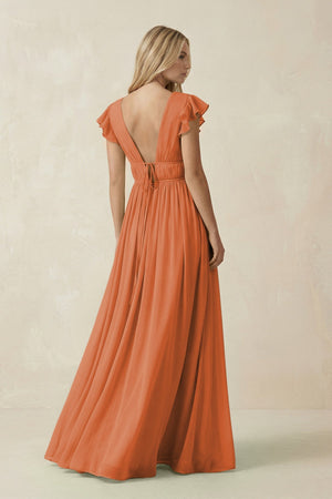 V - Neck A - Line Chiffon Cap Sleeves Bridesmaid Dress in Terracotta - SHE IS ME Bridesmaid Dresses