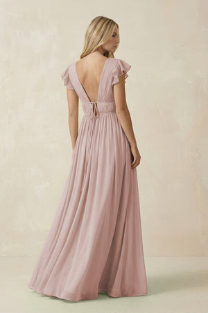 V - Neck A - Line Chiffon Cap Sleeves Bridesmaid Dress in Toffee - SHE IS ME Bridesmaid Dresses