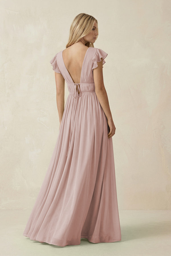 V - Neck A - Line Chiffon Cap Sleeves Bridesmaid Dress in Toffee - SHE IS ME Bridesmaid Dresses