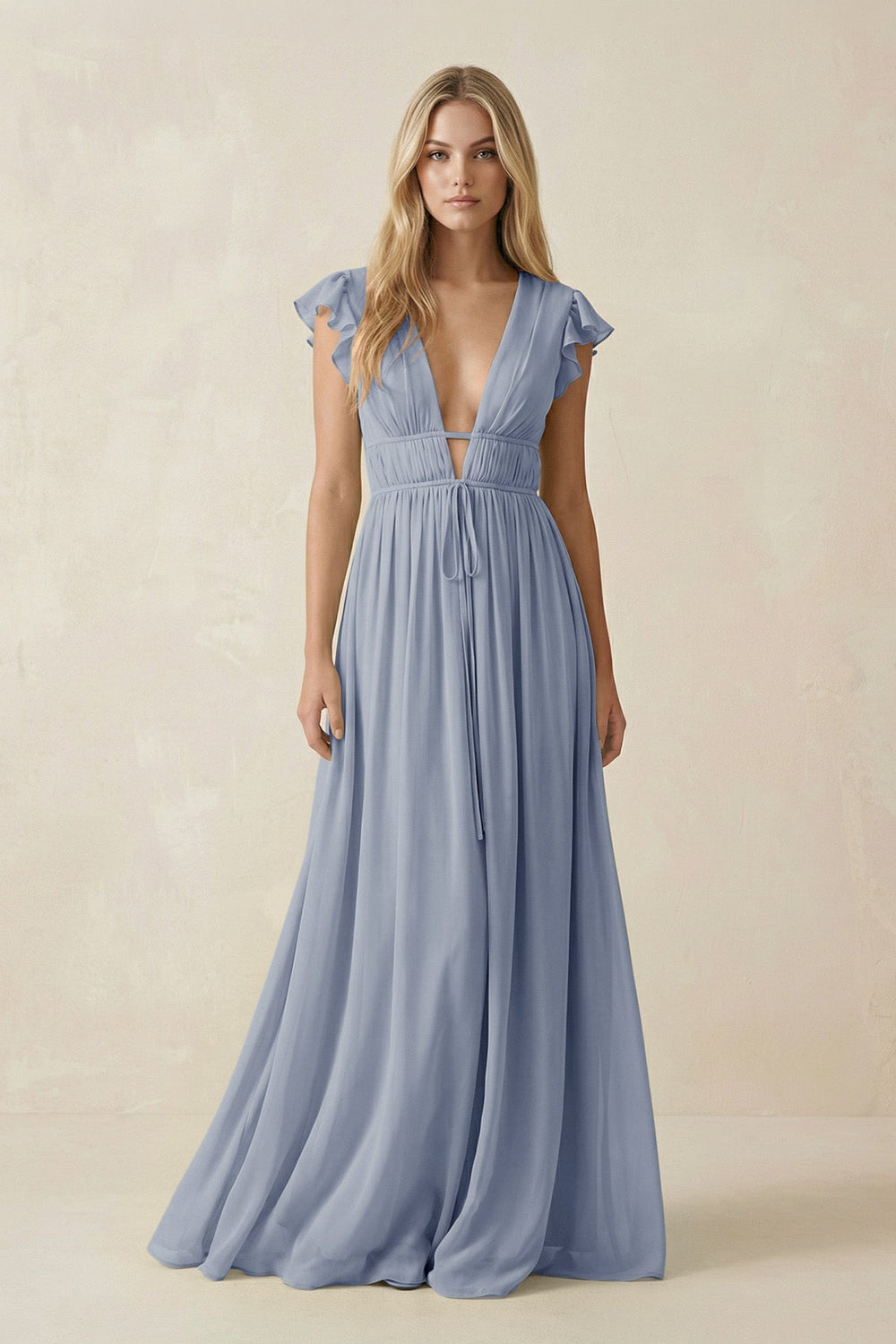 V - Neck A - Line Chiffon Cap Sleeves Bridesmaid Dress in Twilight - SHE IS ME Bridesmaid Dresses