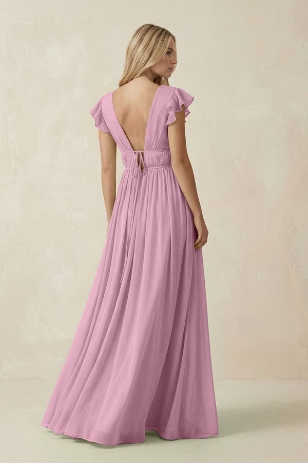 V - Neck A - Line Chiffon Cap Sleeves Bridesmaid Dress in Vintage Mauve - SHE IS ME Bridesmaid Dresses
