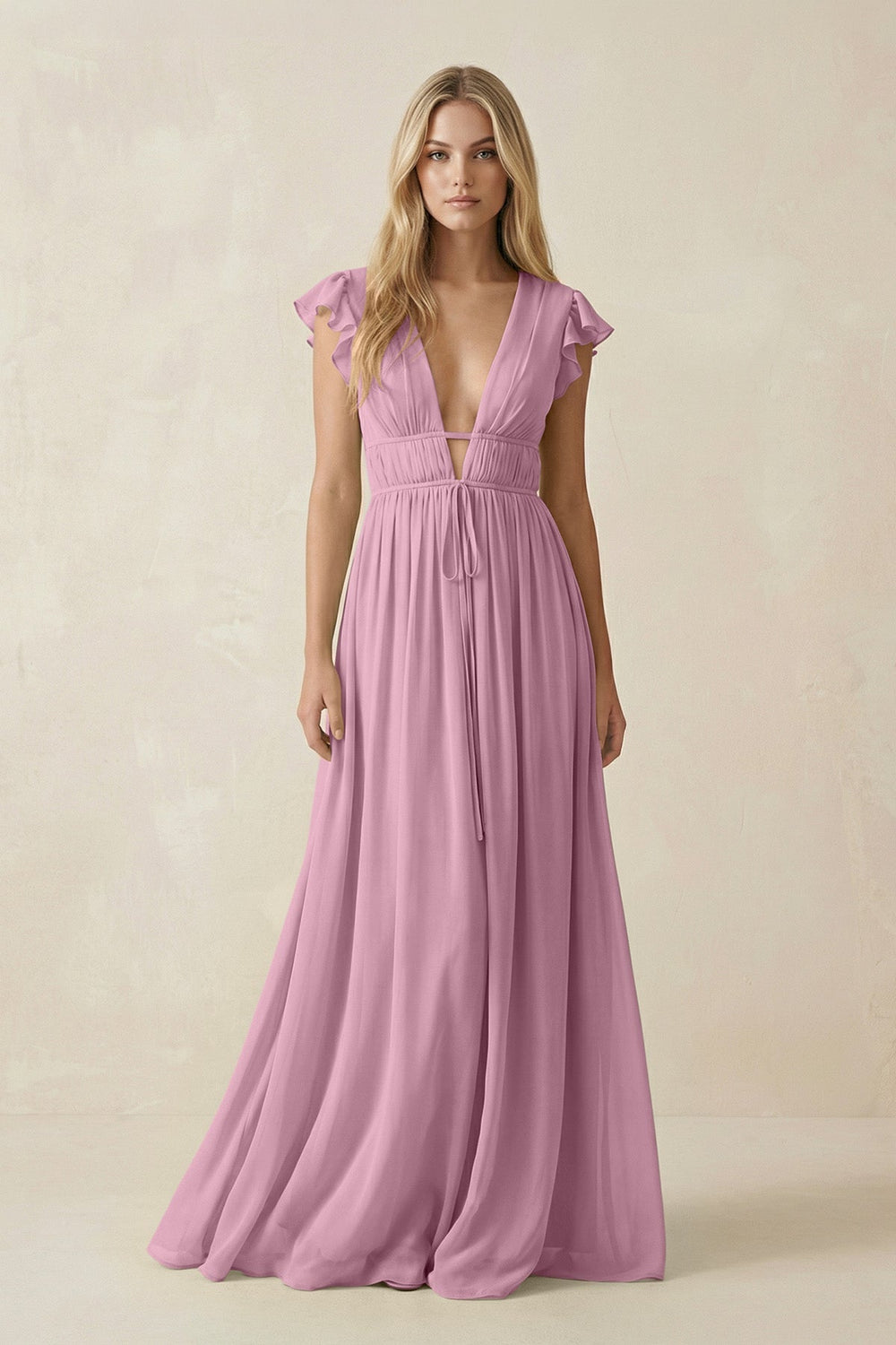 V - Neck A - Line Chiffon Cap Sleeves Bridesmaid Dress in Vintage Mauve - SHE IS ME Bridesmaid Dresses