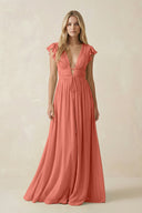 V - Neck A - Line Chiffon Cap Sleeves Bridesmaid Dress in Wild Rose - SHE IS ME Bridesmaid Dresses