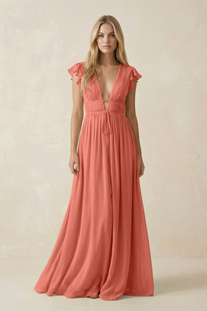 V - Neck A - Line Chiffon Cap Sleeves Bridesmaid Dress in Wild Rose - SHE IS ME Bridesmaid Dresses