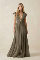 V - Neck A - Line Chiffon Cap Sleeves Bridesmaid Dress in Willow Green - SHE IS ME Bridesmaid Dresses