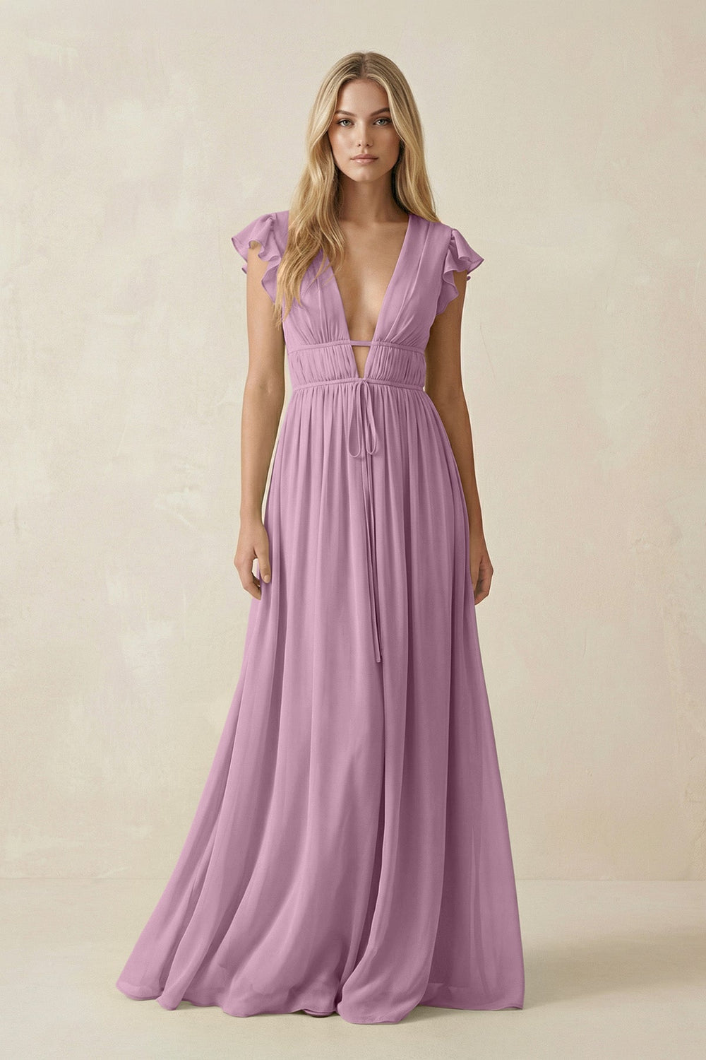 V - Neck A - Line Chiffon Cap Sleeves Bridesmaid Dress in Wisteria - SHE IS ME Bridesmaid Dresses
