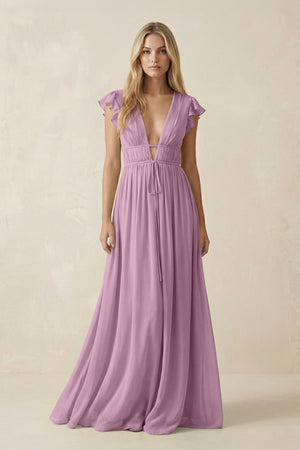 V - Neck A - Line Chiffon Cap Sleeves Bridesmaid Dress in Wisteria - SHE IS ME Bridesmaid Dresses