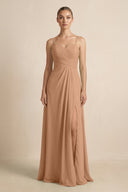 V - Neck A - Line Chiffon Pleated Bridesmaid Dress in Bronzer - SHE IS ME Bridesmaid Dresses