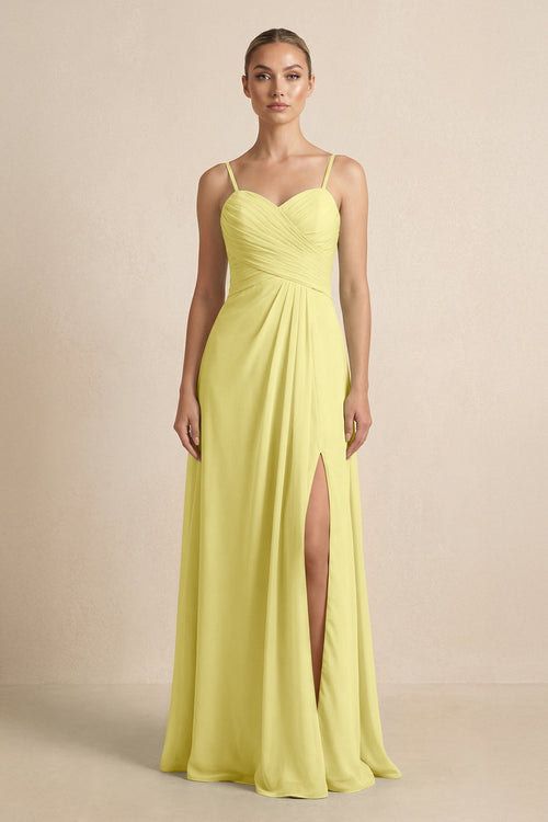 V - Neck A - Line Chiffon Pleated Bridesmaid Dress in Buttercup - SHE IS ME Bridesmaid Dresses