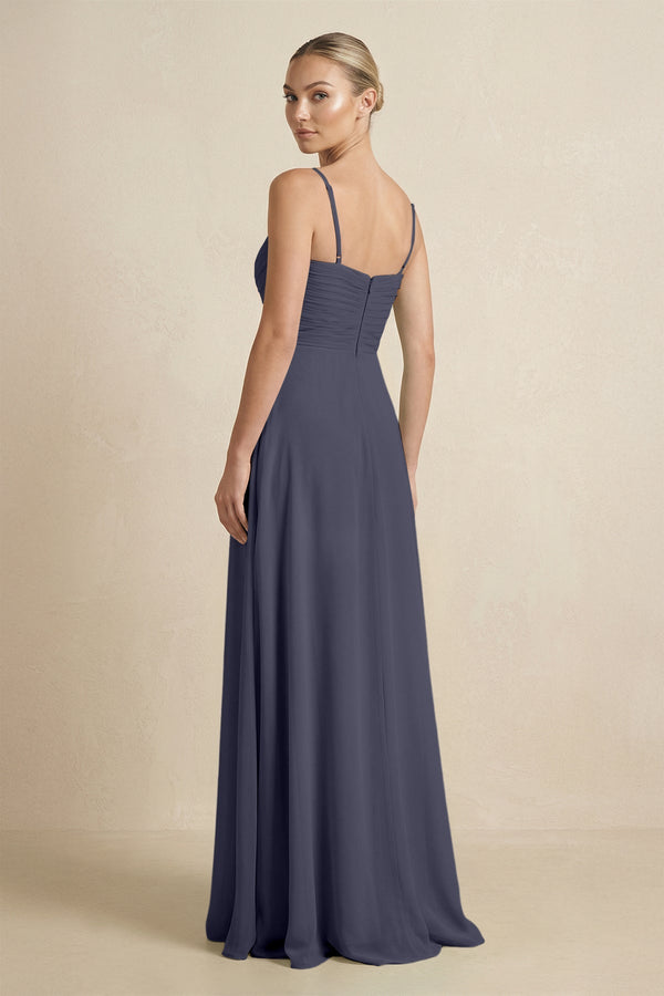 V - Neck A - Line Chiffon Pleated Bridesmaid Dress in Dusk Blue - SHE IS ME Bridesmaid Dresses