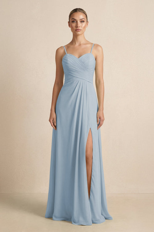 V - Neck A - Line Chiffon Pleated Bridesmaid Dress in Dusty Blue - SHE IS ME Bridesmaid Dresses