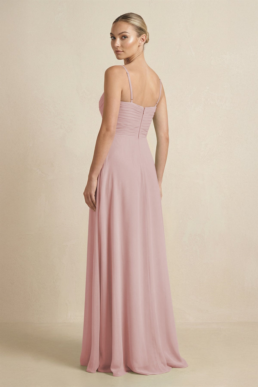 V - Neck A - Line Chiffon Pleated Bridesmaid Dress in Dusty Rose - SHE IS ME Bridesmaid Dresses