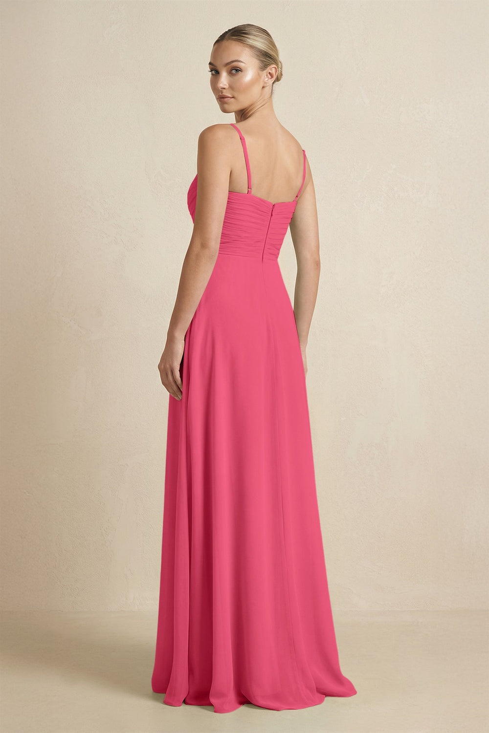 V - Neck A - Line Chiffon Pleated Bridesmaid Dress in Fuchsia - SHE IS ME Bridesmaid Dresses