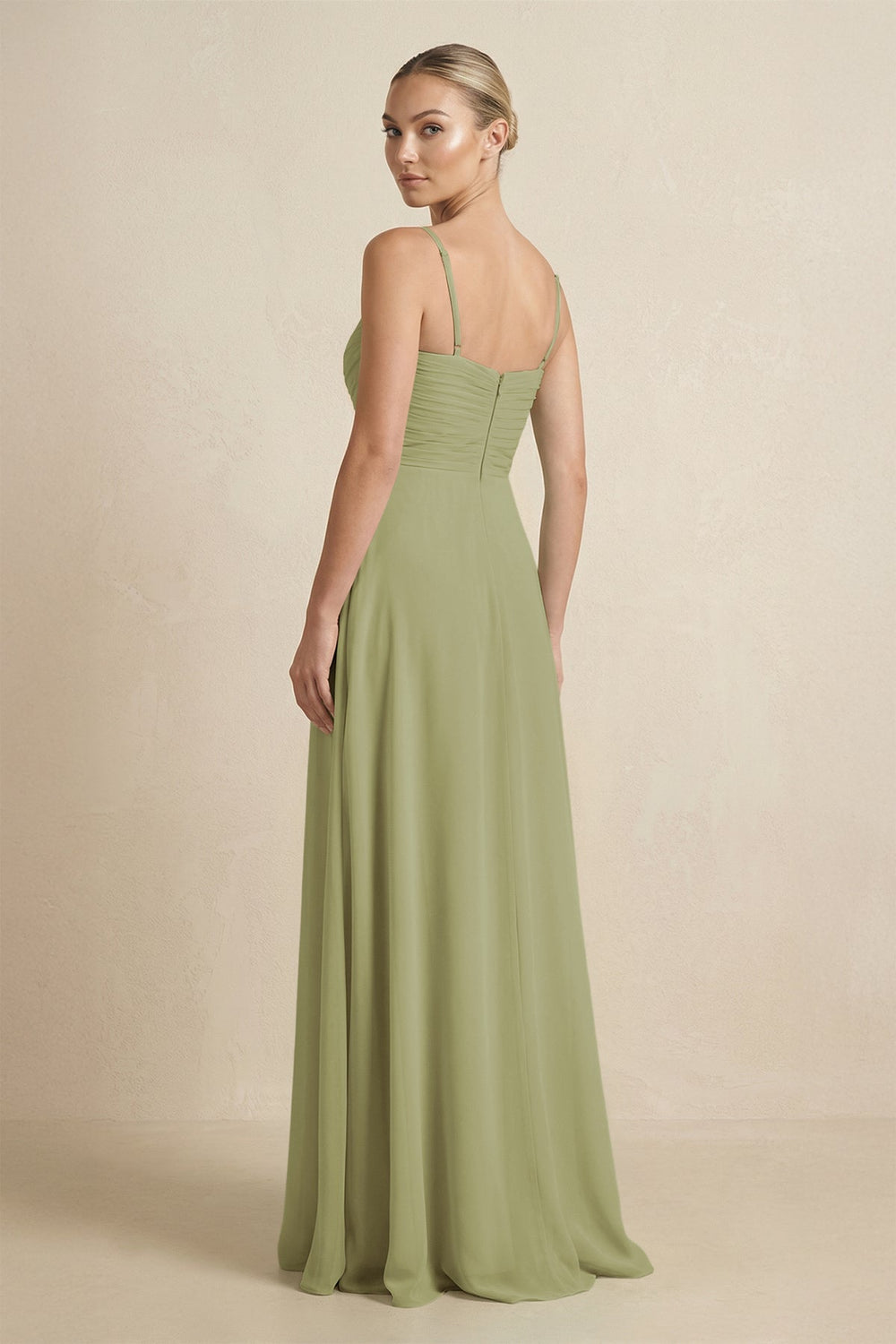 V - Neck A - Line Chiffon Pleated Bridesmaid Dress in Moss Green - SHE IS ME Bridesmaid Dresses