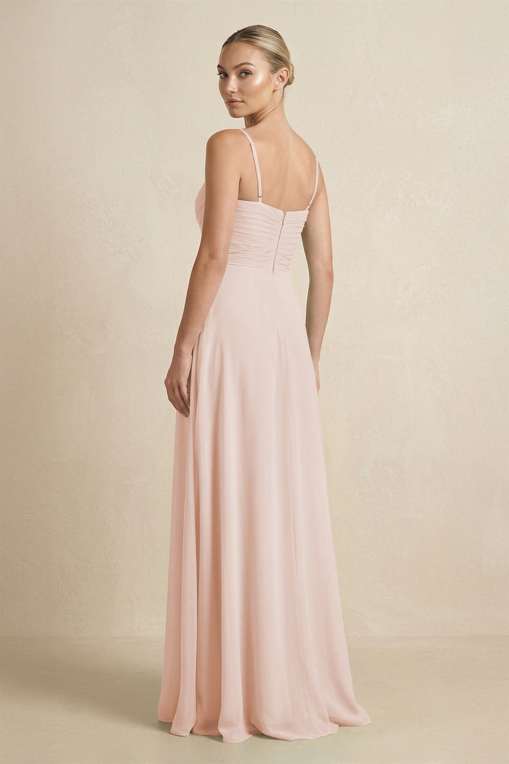 V - Neck A - Line Chiffon Pleated Bridesmaid Dress in Pale Blush - SHE IS ME Bridesmaid Dresses