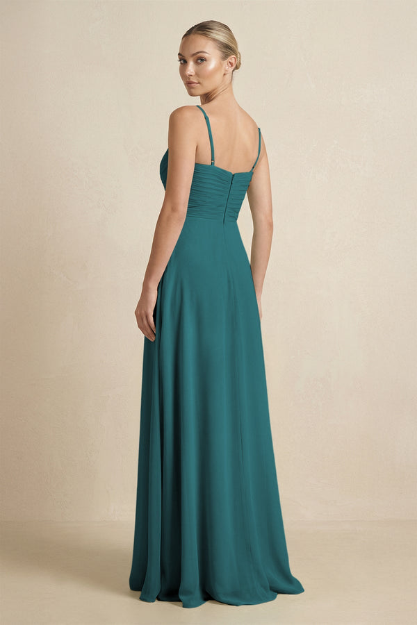 V - Neck A - Line Chiffon Pleated Bridesmaid Dress in Pine - SHE IS ME Bridesmaid Dresses