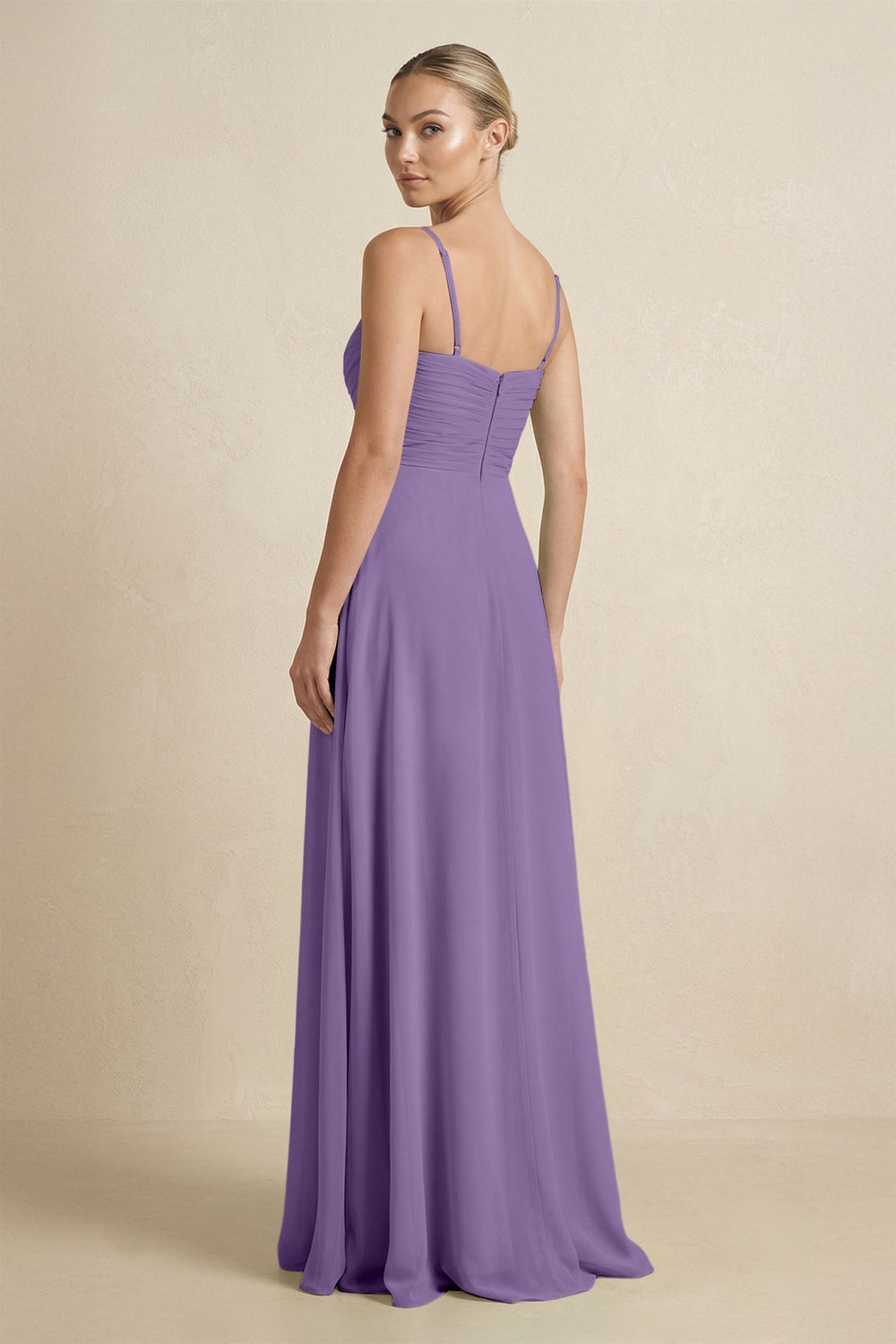 V - Neck A - Line Chiffon Pleated Bridesmaid Dress in Tahiti - SHE IS ME Bridesmaid Dresses