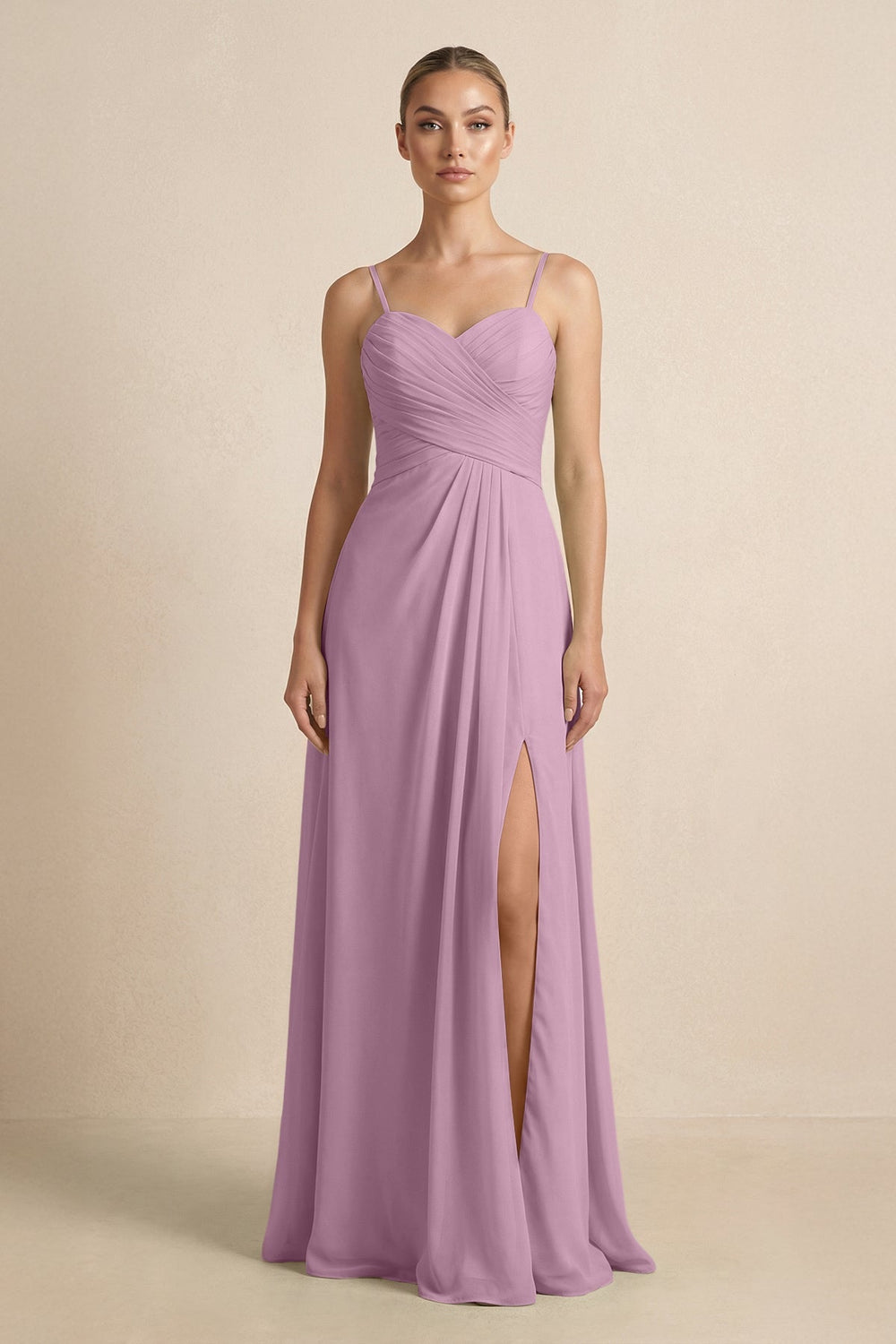 V - Neck A - Line Chiffon Pleated Bridesmaid Dress in Wisteria - SHE IS ME Bridesmaid Dresses