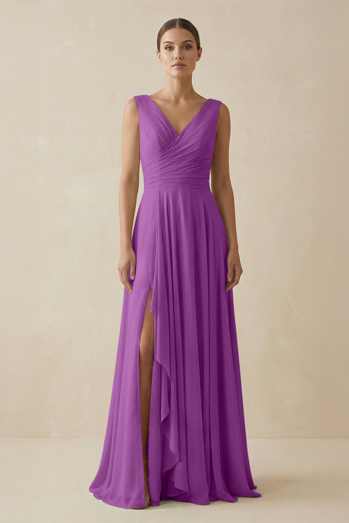 V - Neck A - Line Chiffon Ruffled Bridesmaid Dress in Amethyst - SHE IS ME Bridesmaid Dresses