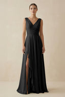 V - Neck A - Line Chiffon Ruffled Bridesmaid Dress in Black - SHE IS ME Bridesmaid Dresses