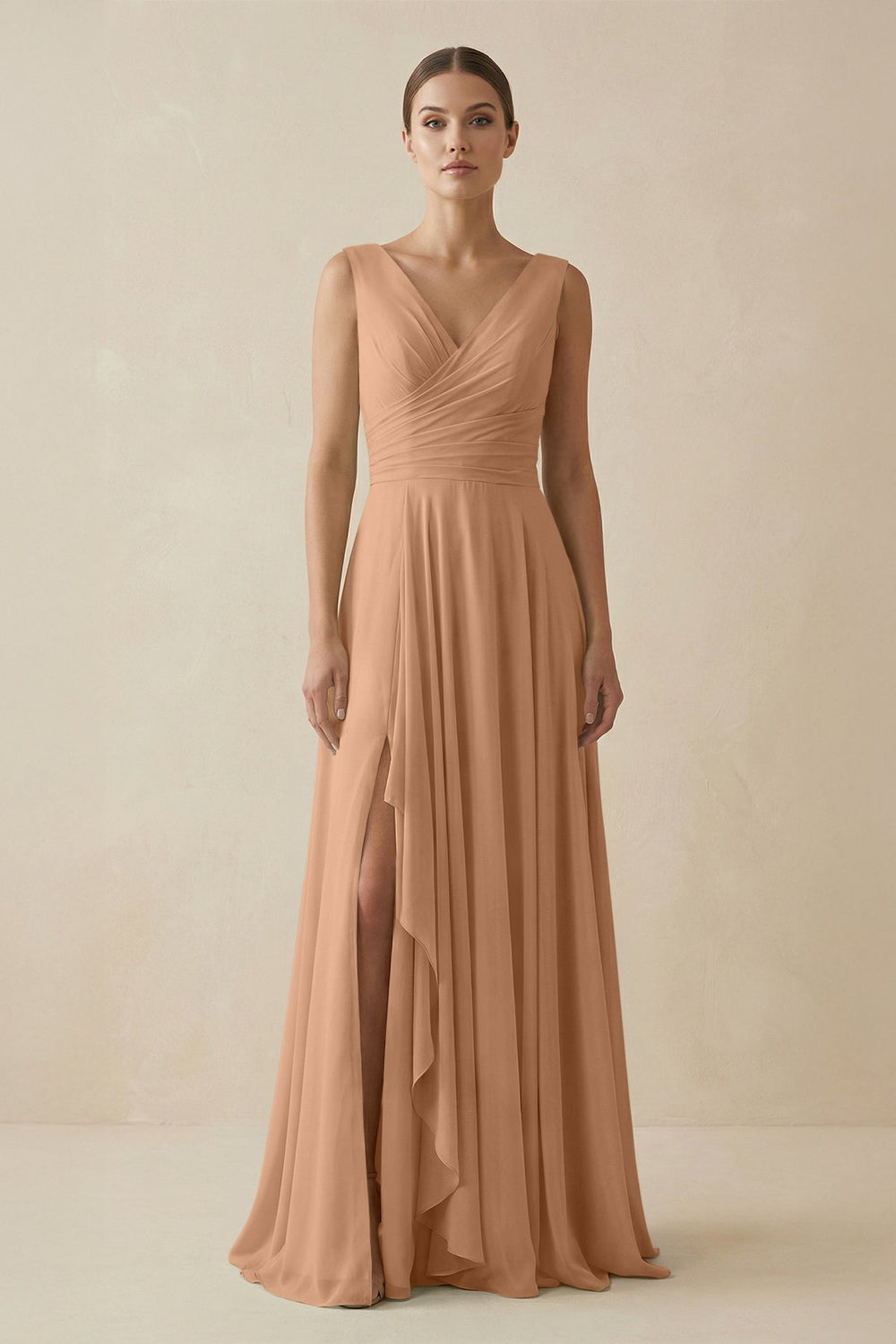 V - Neck A - Line Chiffon Ruffled Bridesmaid Dress in Bronzer - SHE IS ME Bridesmaid Dresses