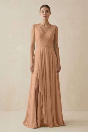 V - Neck A - Line Chiffon Ruffled Bridesmaid Dress in Bronzer - SHE IS ME Bridesmaid Dresses