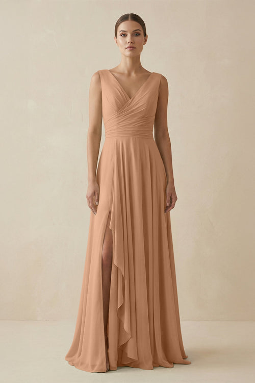 V - Neck A - Line Chiffon Ruffled Bridesmaid Dress in Bronzer - SHE IS ME Bridesmaid Dresses