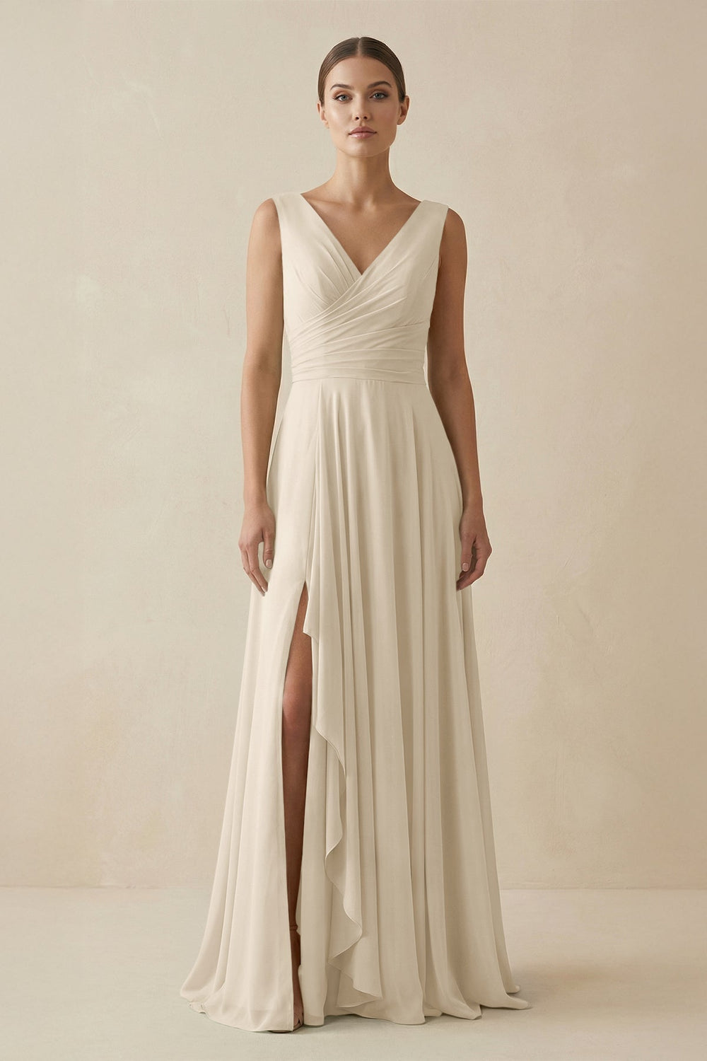 V - Neck A - Line Chiffon Ruffled Bridesmaid Dress in Champagne - SHE IS ME Bridesmaid Dresses