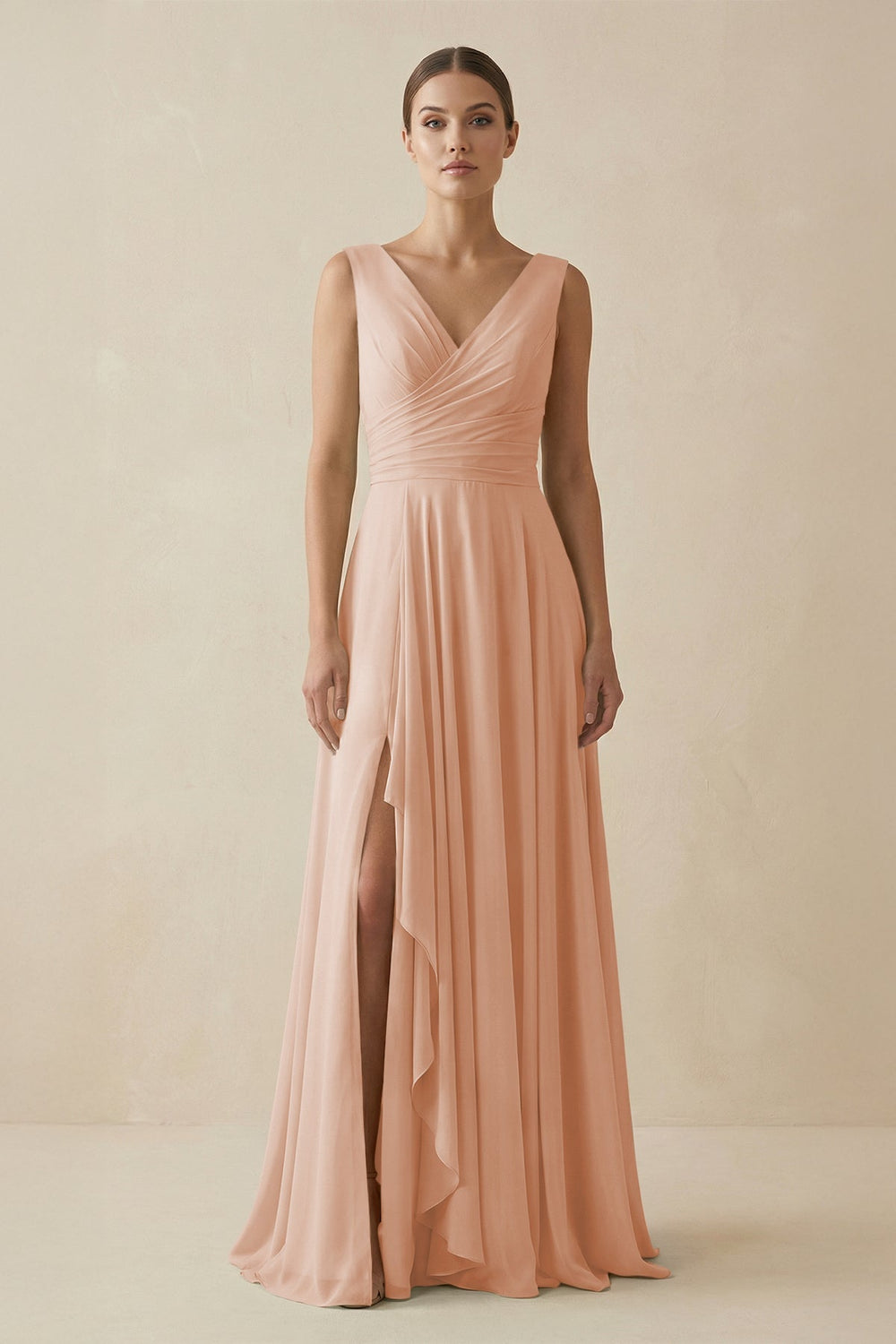 V - Neck A - Line Chiffon Ruffled Bridesmaid Dress in Champagne Rose - SHE IS ME Bridesmaid Dresses
