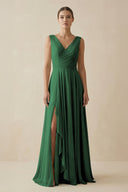 V - Neck A - Line Chiffon Ruffled Bridesmaid Dress in Dark Green - SHE IS ME Bridesmaid Dresses