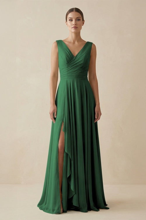 V - Neck A - Line Chiffon Ruffled Bridesmaid Dress in Dark Green - SHE IS ME Bridesmaid Dresses