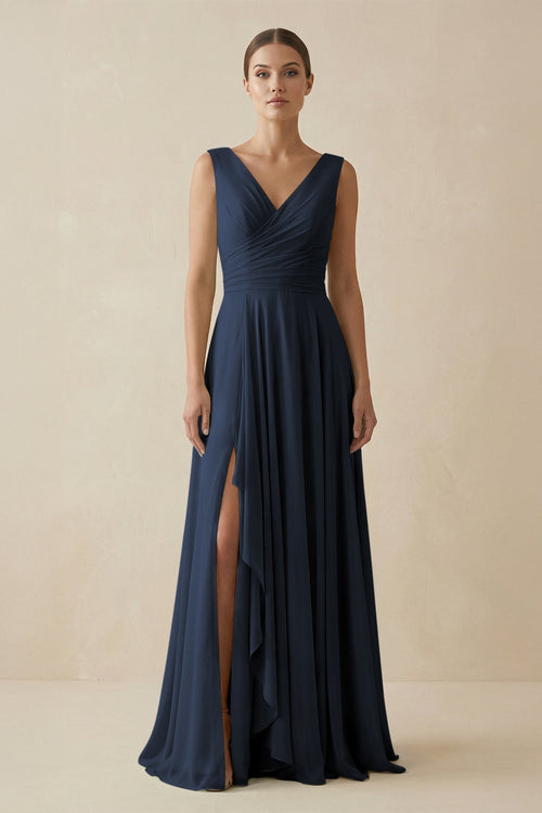 V - Neck A - Line Chiffon Ruffled Bridesmaid Dress in Dark Navy - SHE IS ME Bridesmaid Dresses