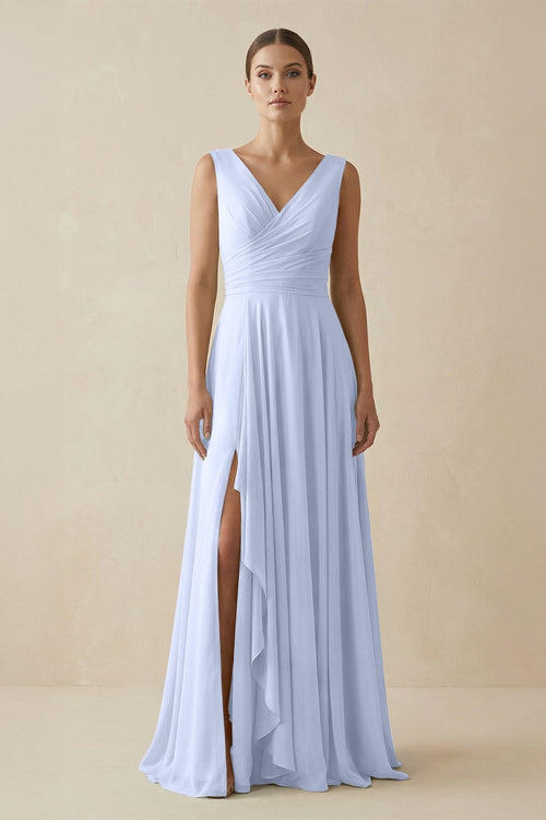 V - Neck A - Line Chiffon Ruffled Bridesmaid Dress in Ice - SHE IS ME Bridesmaid Dresses