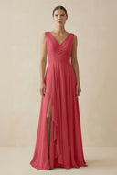 V - Neck A - Line Chiffon Ruffled Bridesmaid Dress in Merlot - SHE IS ME Bridesmaid Dresses