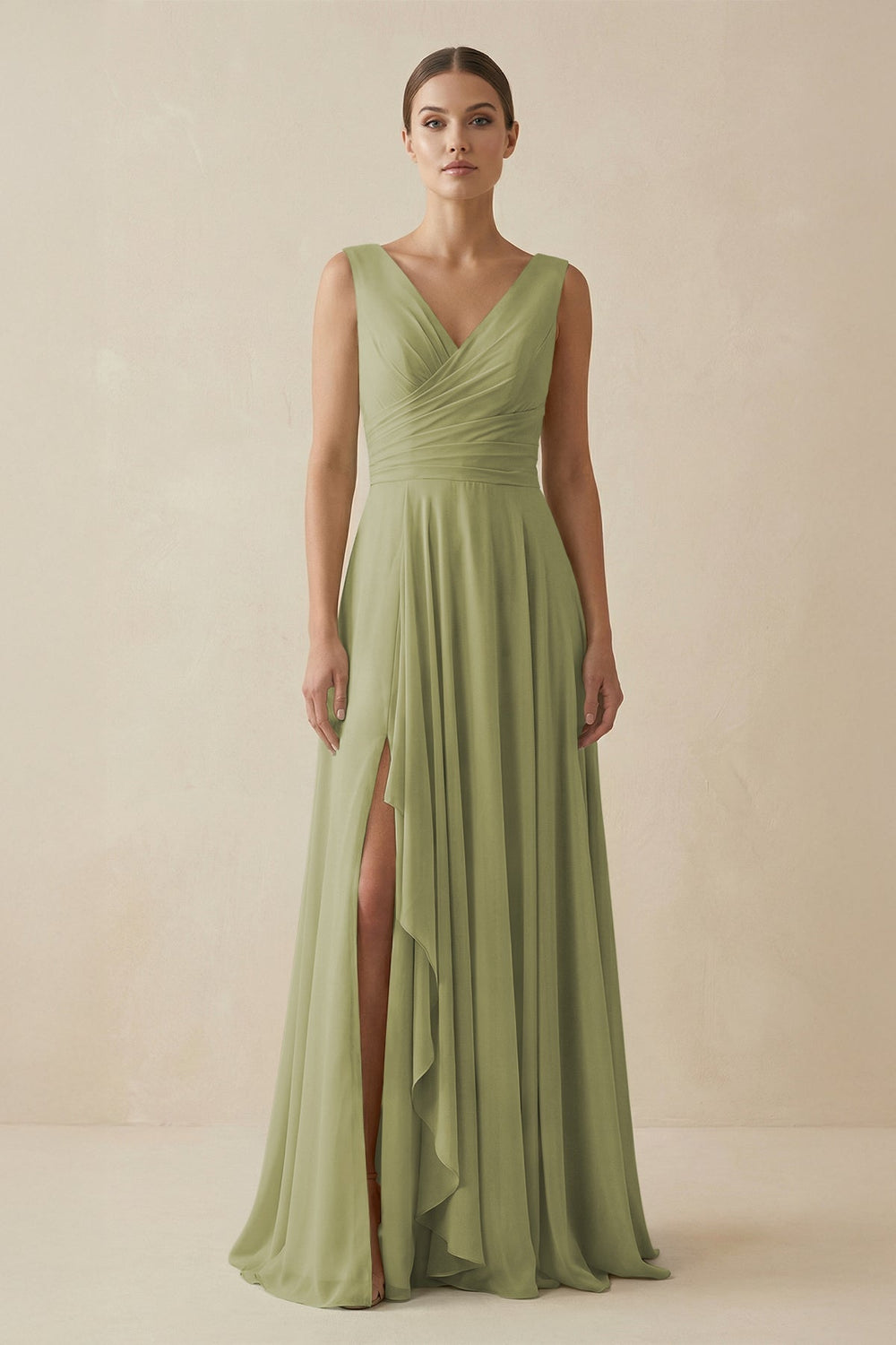 V - Neck A - Line Chiffon Ruffled Bridesmaid Dress in Moss Green - SHE IS ME Bridesmaid Dresses