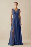 V - Neck A - Line Chiffon Ruffled Bridesmaid Dress in Navy - SHE IS ME Bridesmaid Dresses