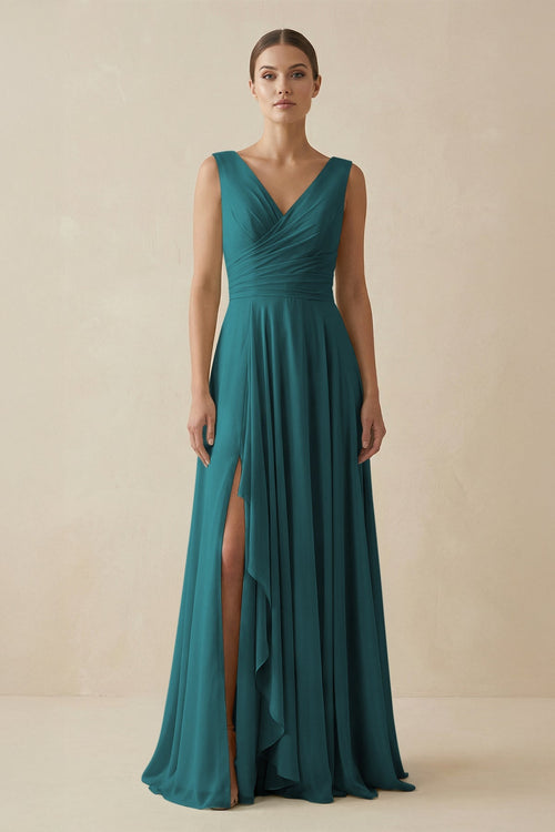 V - Neck A - Line Chiffon Ruffled Bridesmaid Dress in Pine - SHE IS ME Bridesmaid Dresses