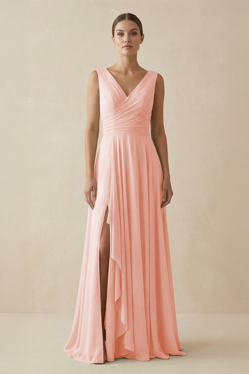V - Neck A - Line Chiffon Ruffled Bridesmaid Dress in Rose Petal - SHE IS ME Bridesmaid Dresses