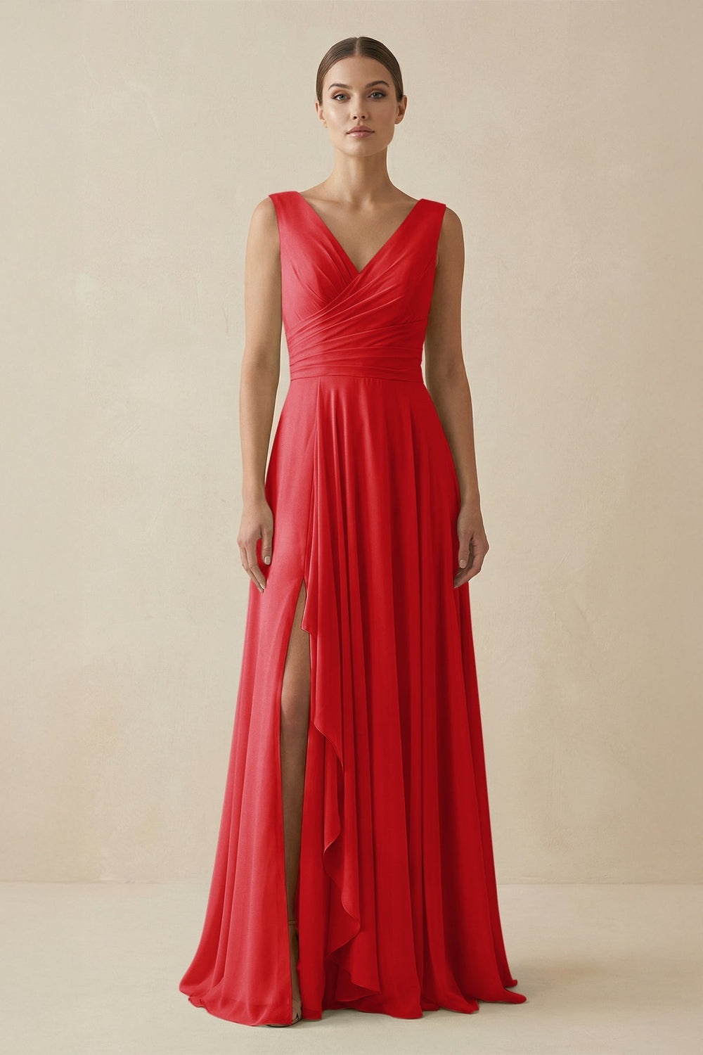 V - Neck A - Line Chiffon Ruffled Bridesmaid Dress in Ruby Red - SHE IS ME Bridesmaid Dresses